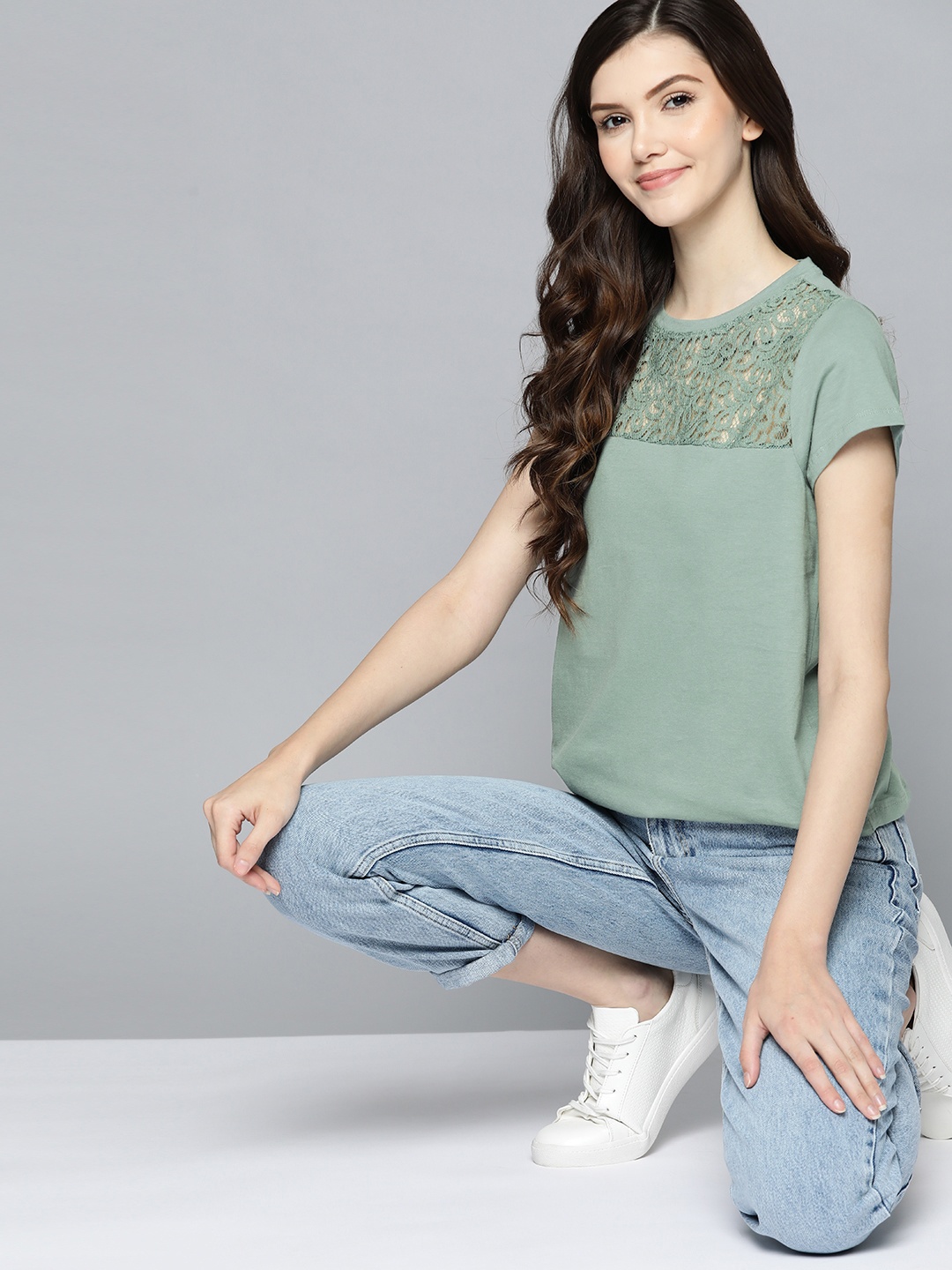 

Mast & Harbour Sage Green Solid Cotton Top with Lace Inserts