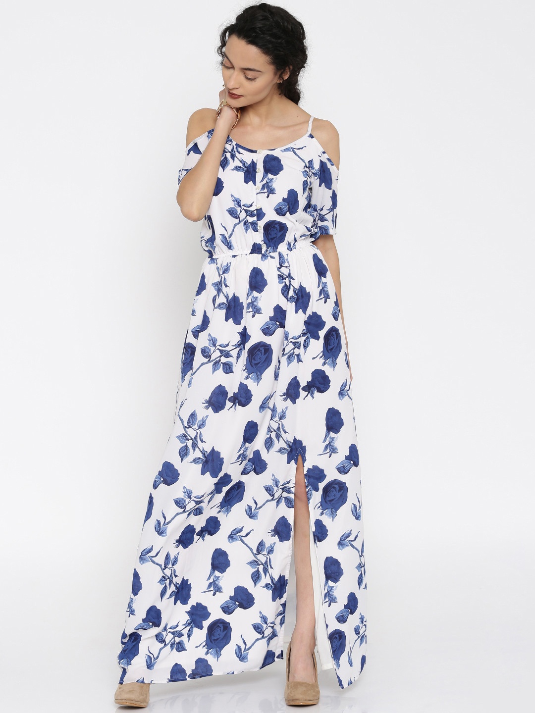 

Miss Chase Women Off-White & Blue Printed Maxi Dress