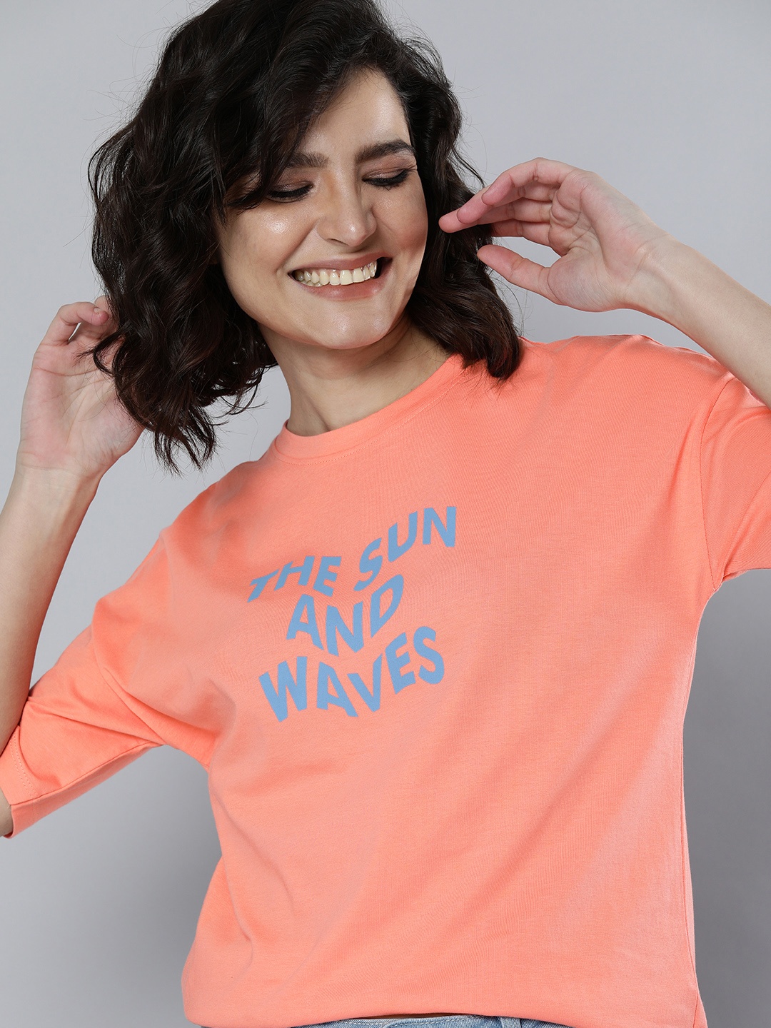 

Mast & Harbour Women Coral Pink Printed Drop-Shoulder Sleeves Pure Cotton T-shirt