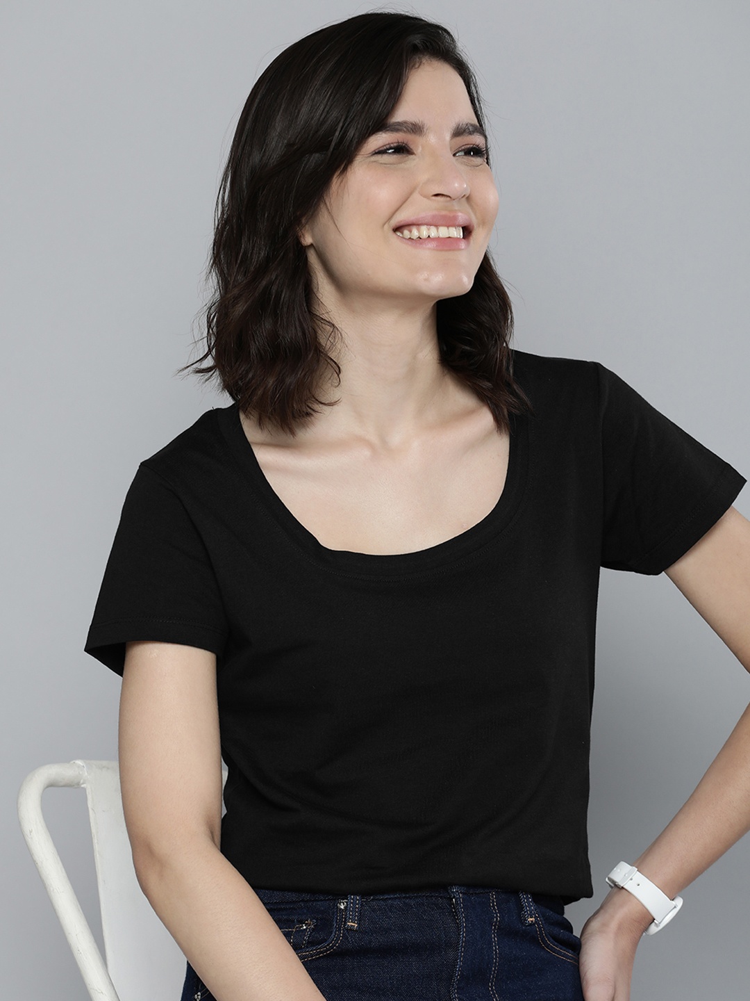 

Mast & Harbour Women Black Solid Round Black Pure Cotton T-shirt