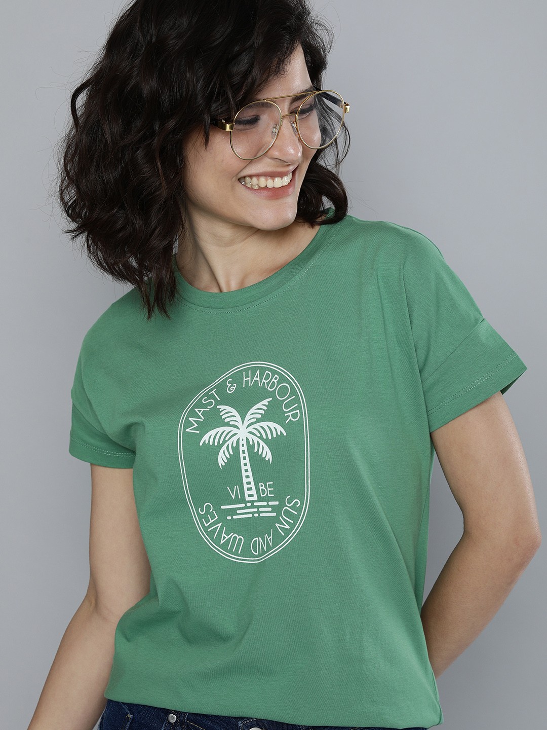 

Mast & Harbour Women Sea Green Typography Printed Pure Cotton T-shirt