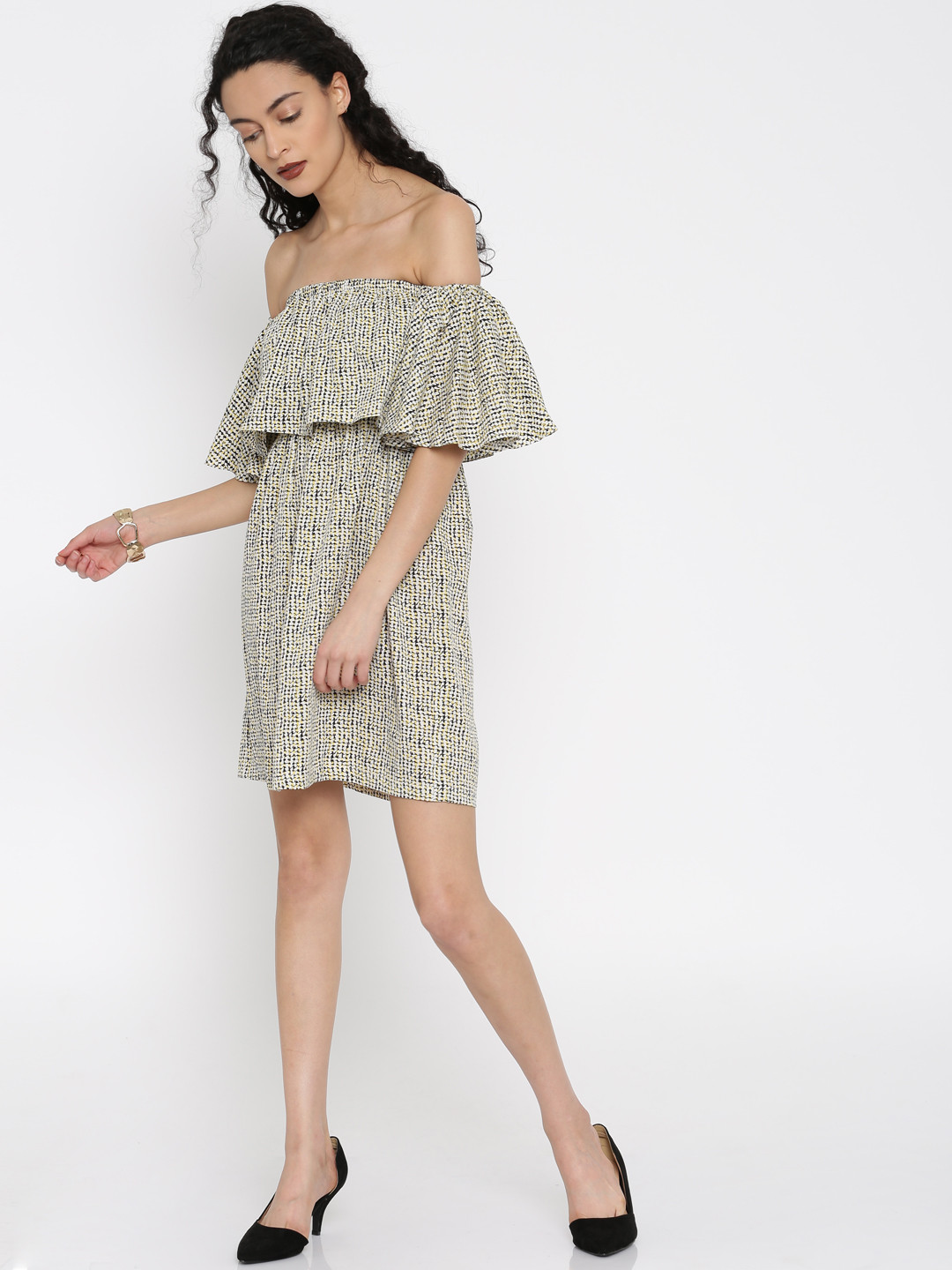 

Miss Chase Women Off-White & Yellow Printed Off-Shoulder Dress