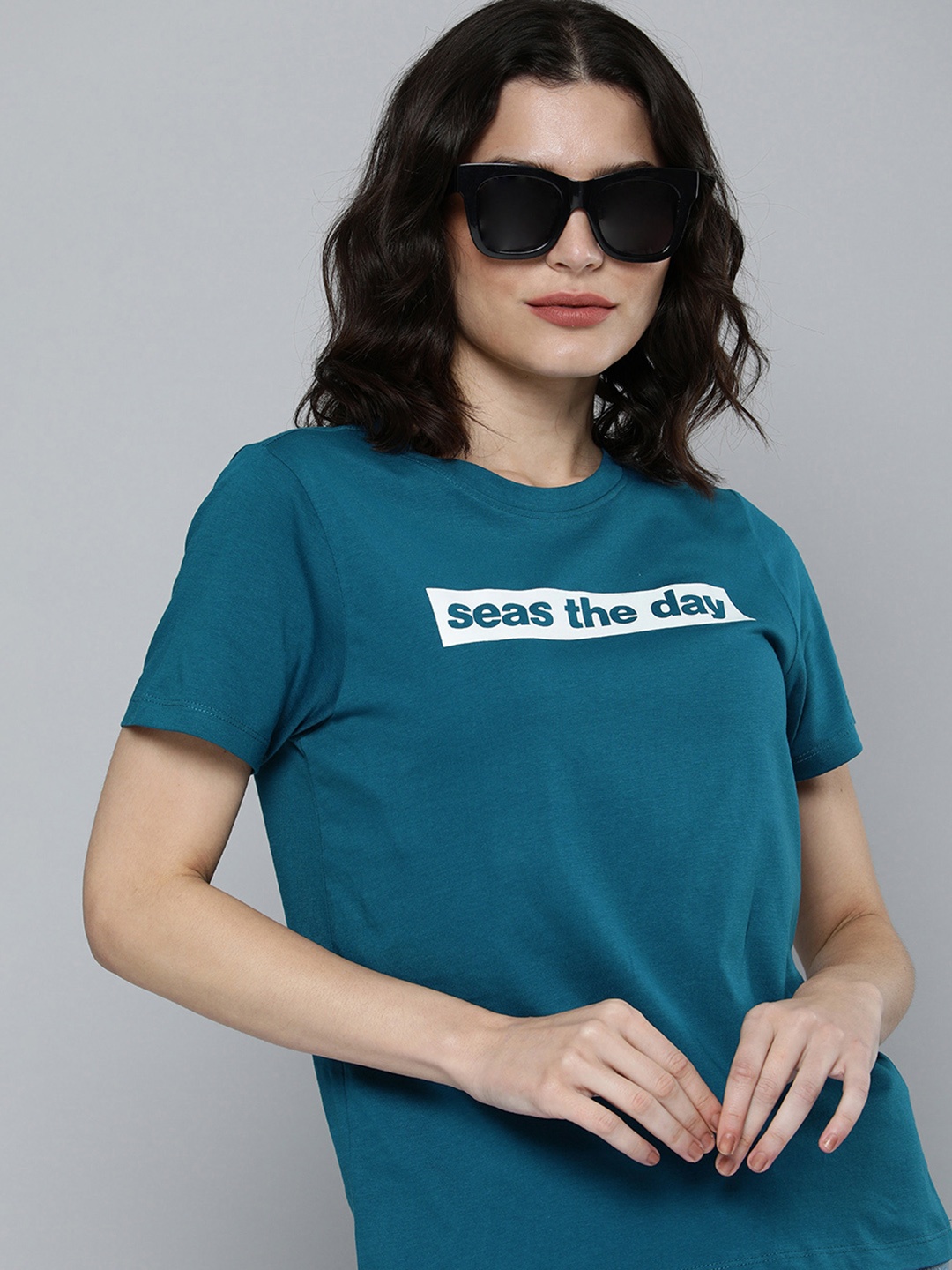 

Mast & Harbour Women Teal Blue Typography Printed Pure Cotton T-shirt