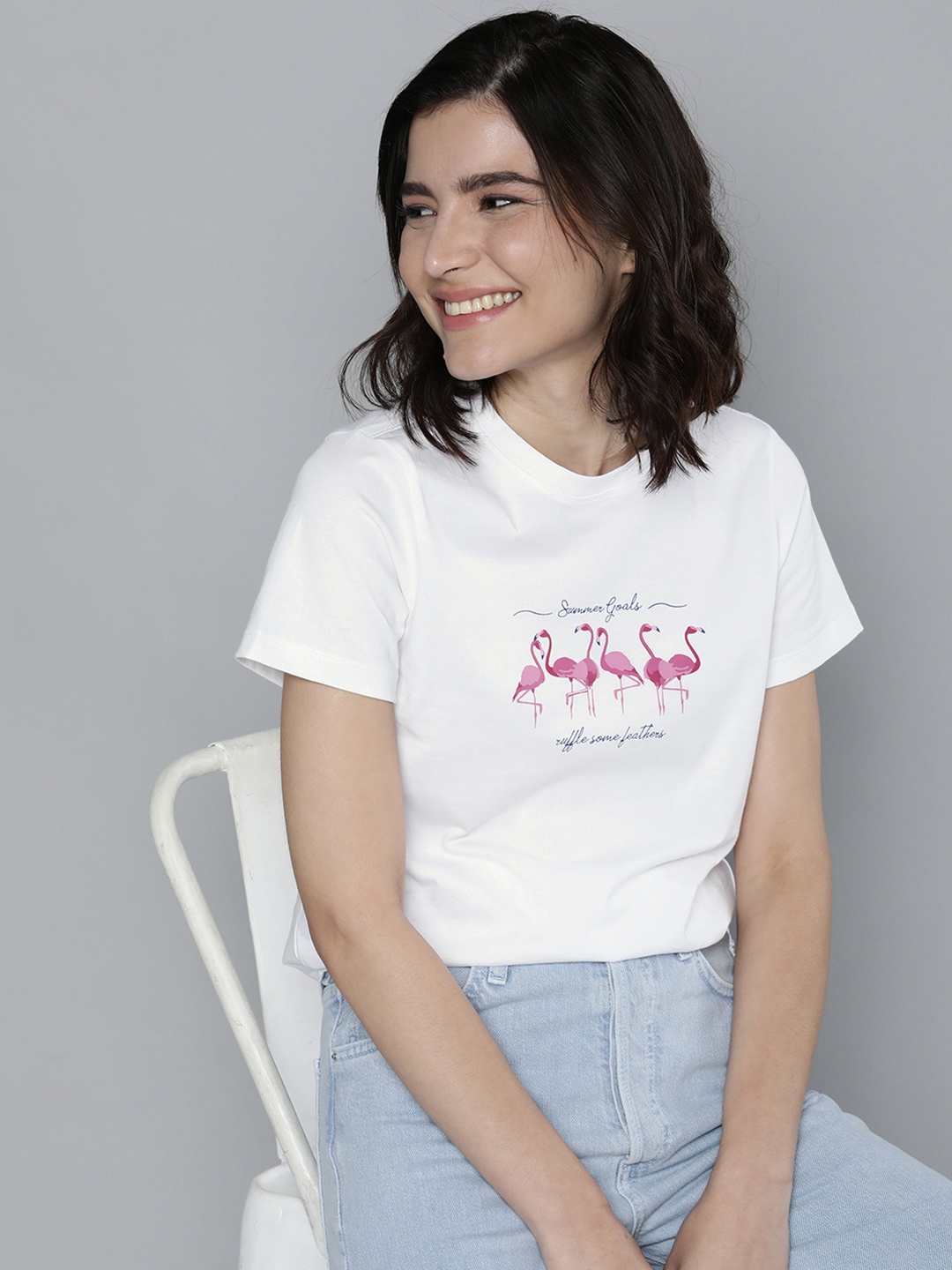 

Mast & Harbour Women White & Pink Printed Pure Cotton T-shirt