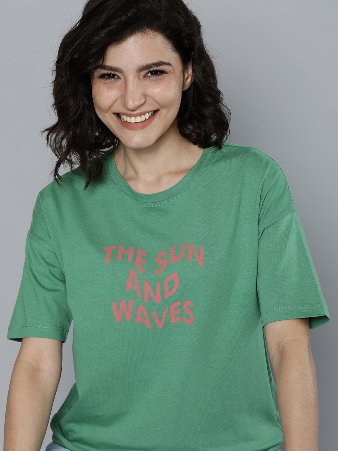 

Mast & Harbour Women Sea Green Typography Printed Pure Cotton T-shirt