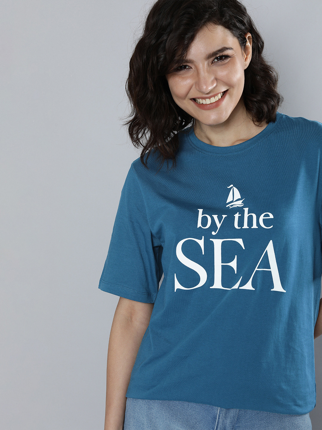 

Mast & Harbour Women Teal Blue Typography Printed T-shirt