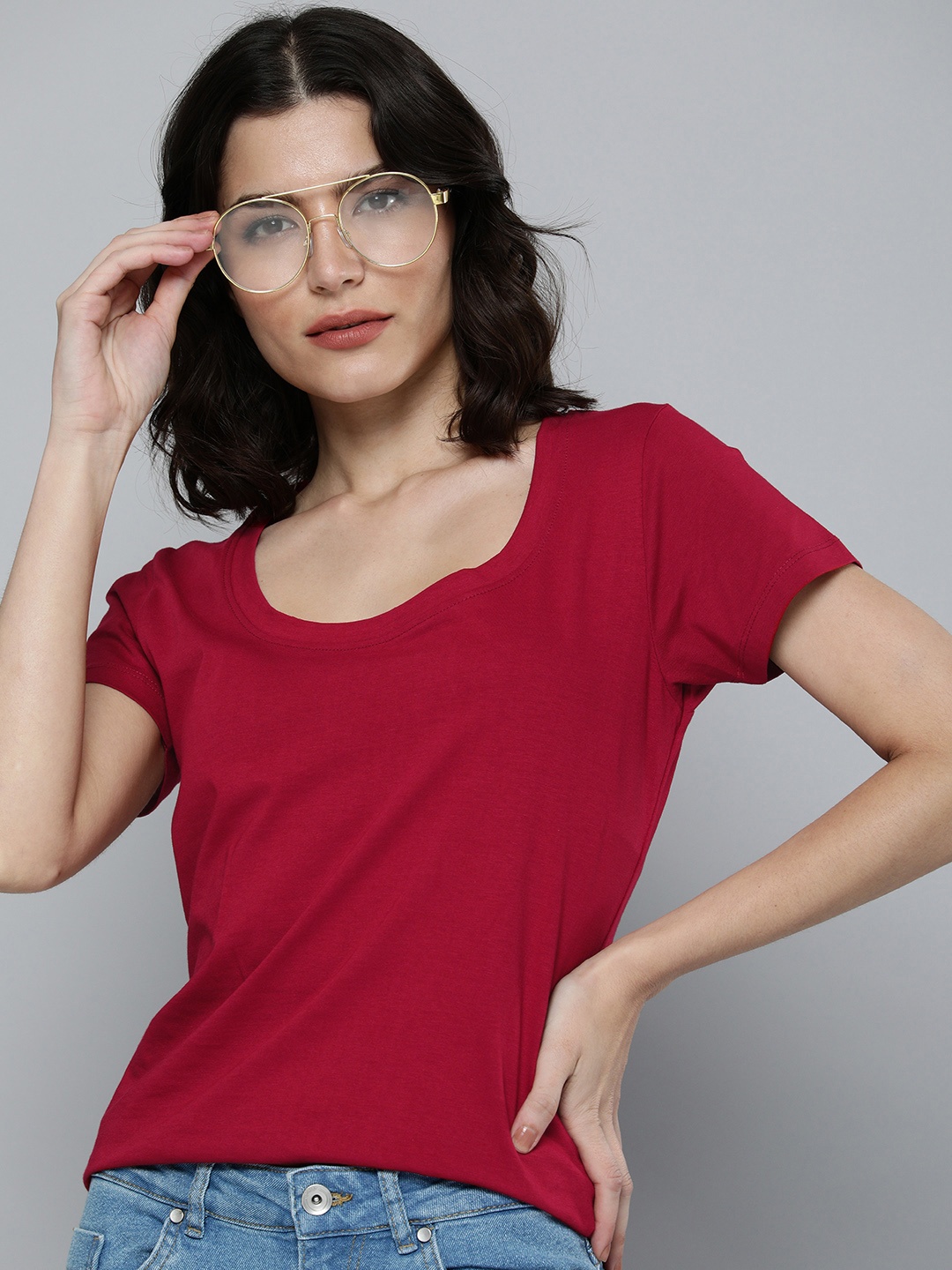 

Mast & Harbour Women Maroon Scoop Neck Pure Cotton T-shirt