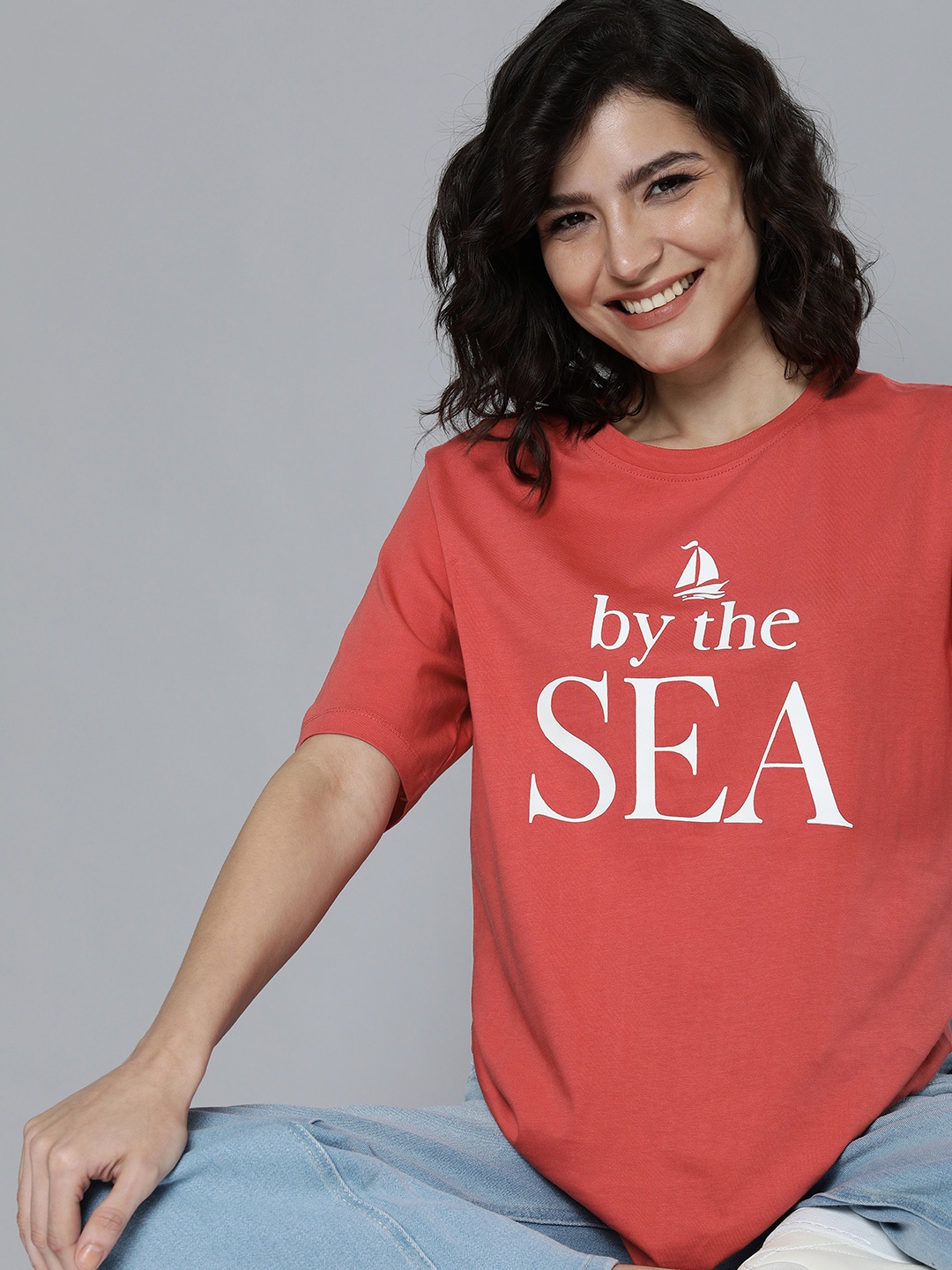 

Mast & Harbour Women Coral Orange Typography Printed T-shirt