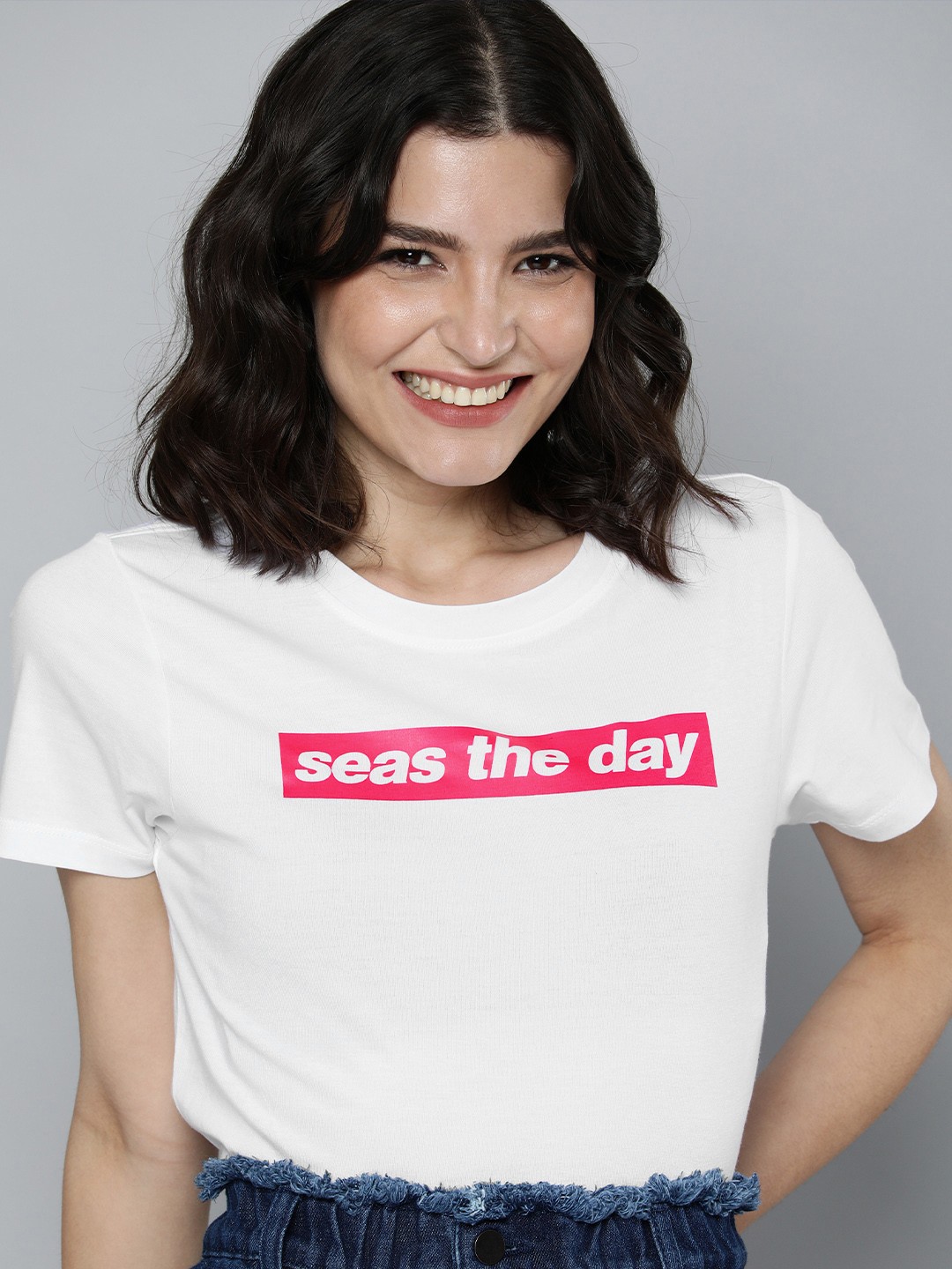 

Mast & Harbour Women White Typography Printed Pure Cotton T-shirt