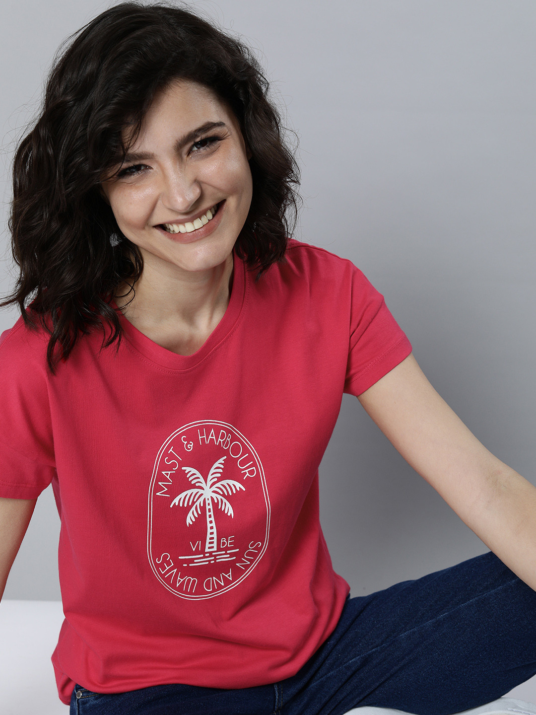 

Mast & Harbour Women Fuchsia Pink Printed Pure Cotton T-shirt