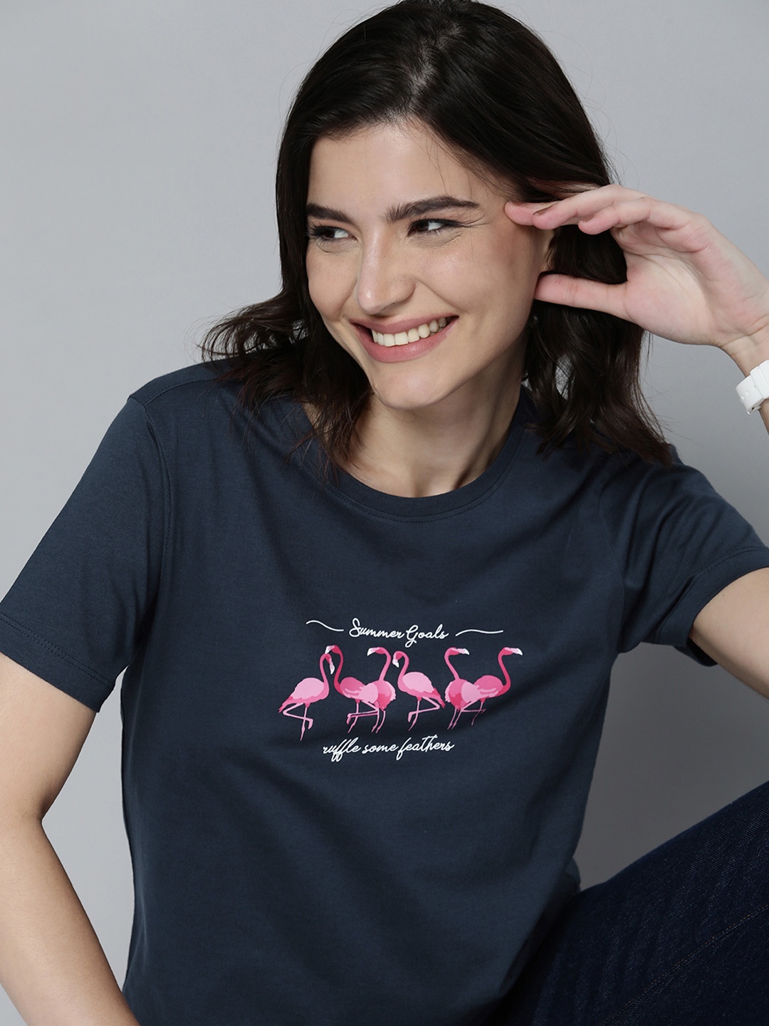 

Mast & Harbour Women Navy Blue & Pink Printed Pure Cotton T-shirt