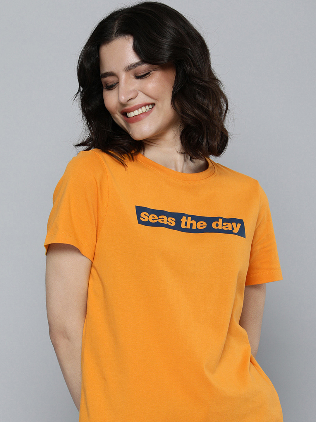 

Mast & Harbour Women Mustard Yellow Typography Printed Pure Cotton T-shirt