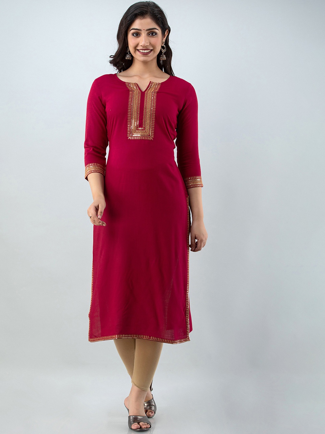 

Charu Women Red and Gold-Toned Embellished Embroidered Straight Kurta