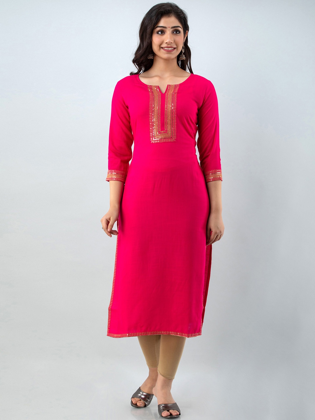 

Charu Women Pink & Gold-Toned Embellished Embroidered Straight Kurta