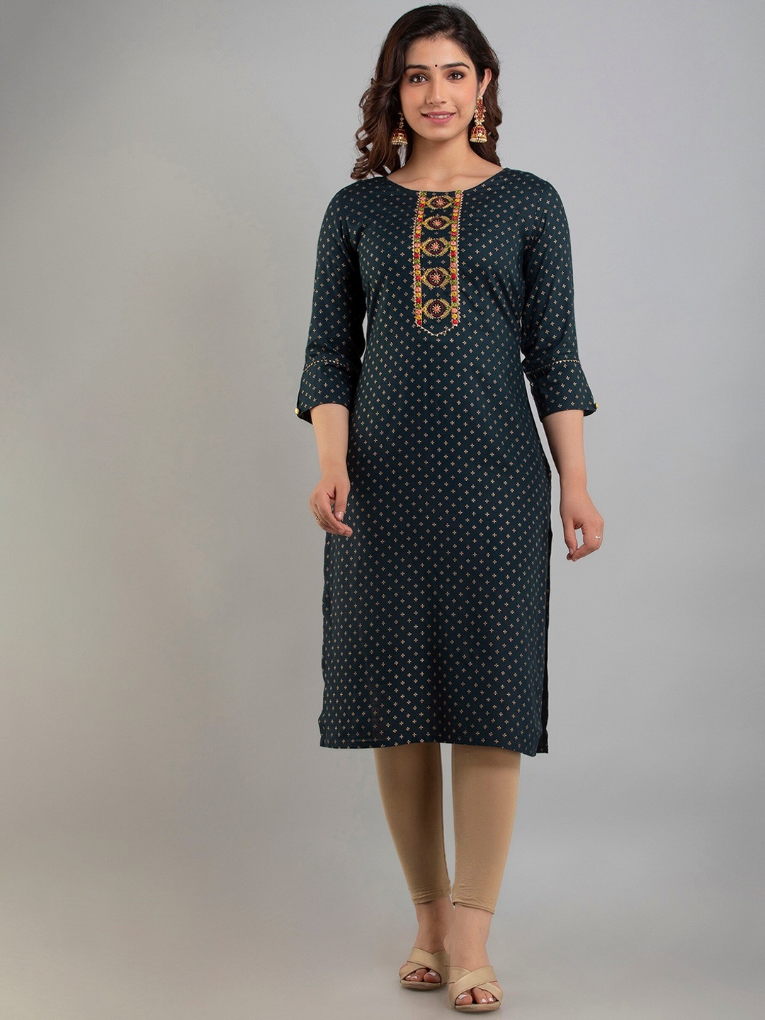

Charu Women Blue Embellished Straight Kurta Embroidered Mirror Work Straight Kurta