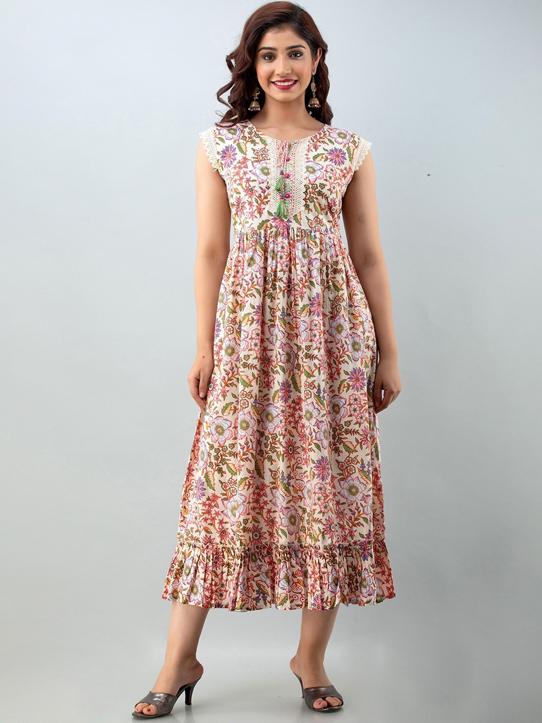 

Charu Women Beige Floral Printed Thread Work A-Line Kurta