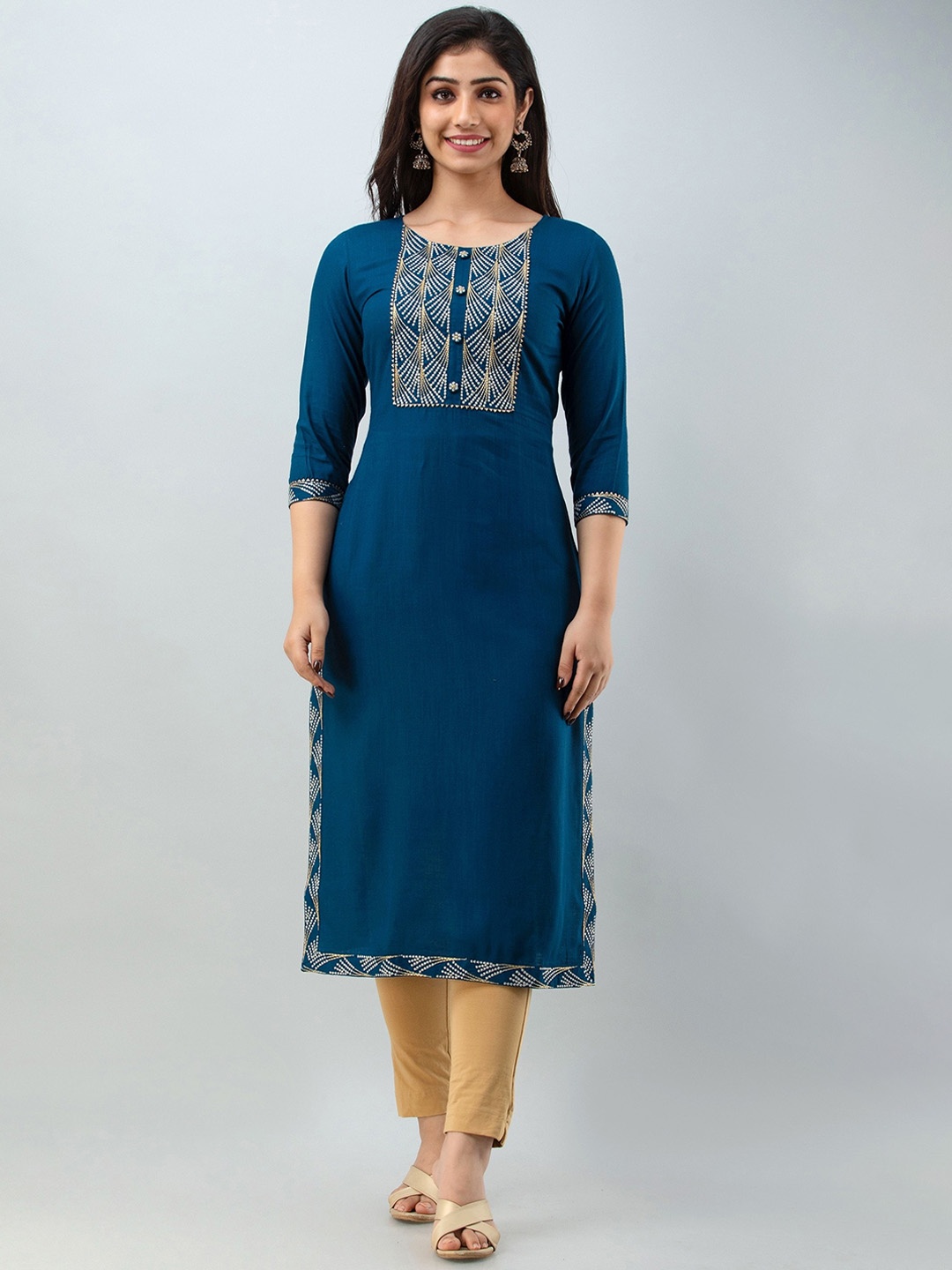 

Charu Women Blue & Gold-Toned Embellished Embroidered Straight Kurta