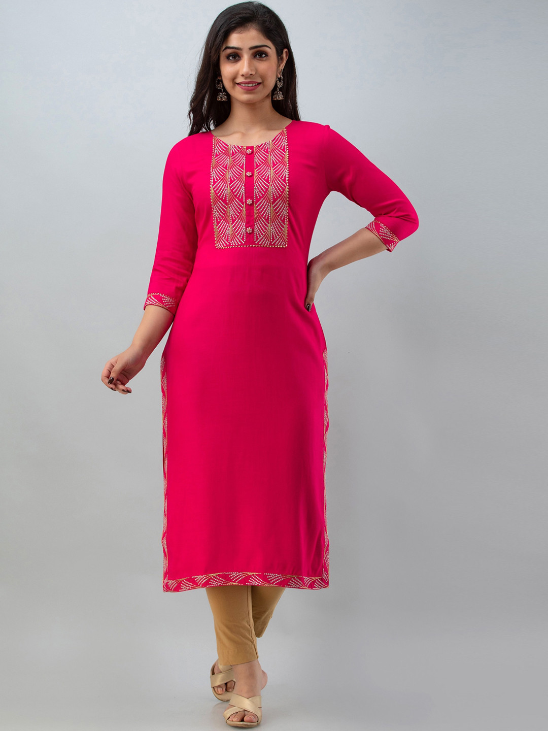 

Charu Women Pink Embellished Embroidered Straight Kurta