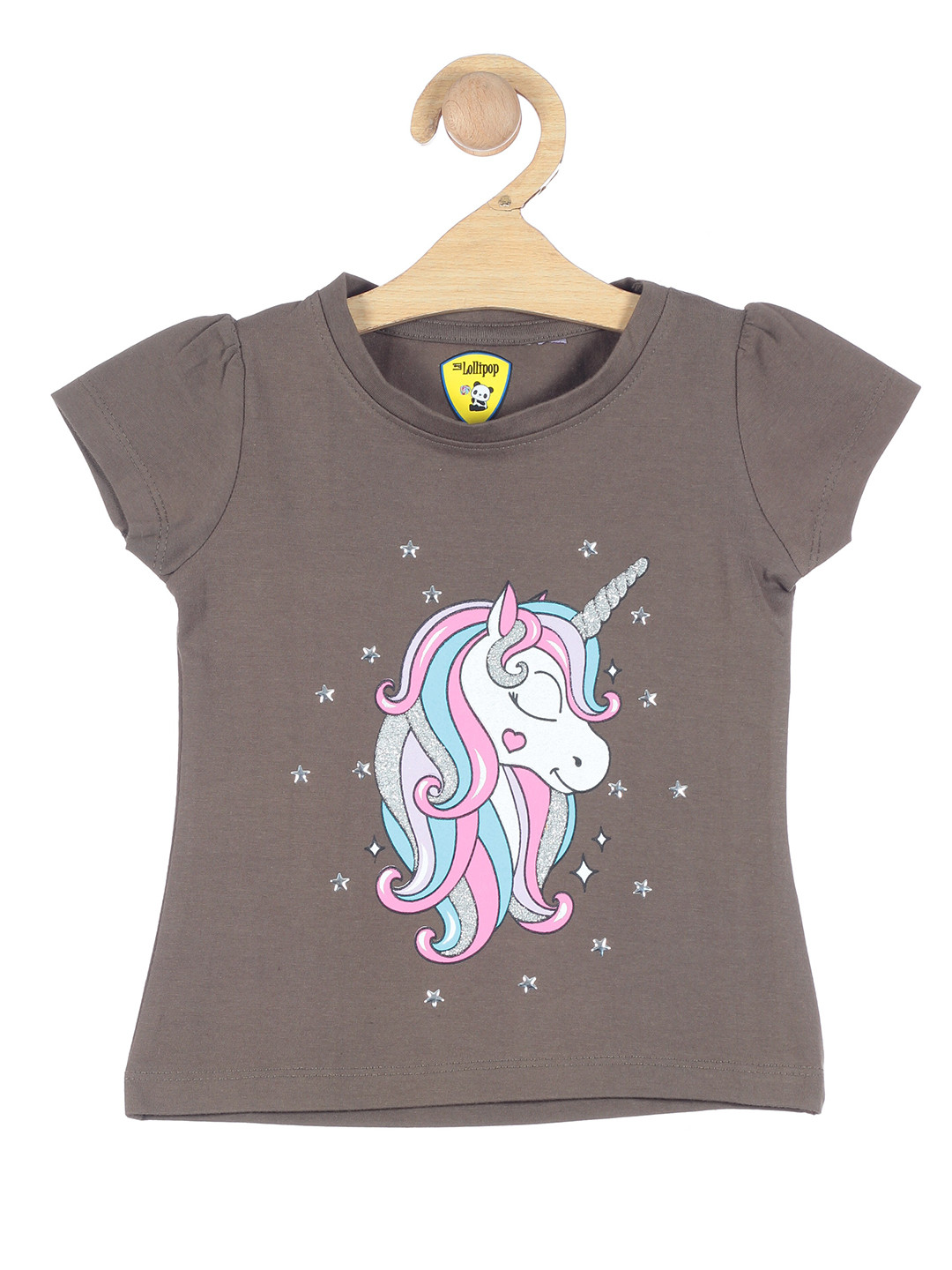 

Lil Lollipop Girls Green Unicorn Printed Puff Sleeves Pure Cotton T-shirt