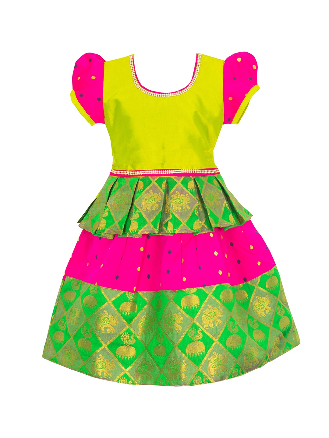 

AMIRTHA FASHION Girls Green & Pink Ready to Wear Lehenga Choli