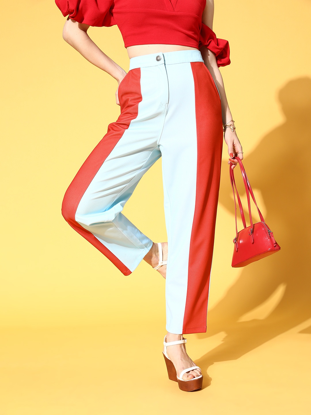 

Athena Women Beautiful Red Colourblocked Asymmetric Trousers