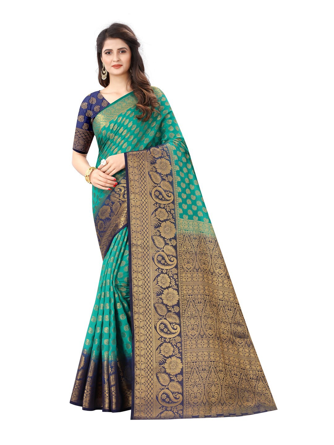 

SATYAM WEAVES Green & Black Floral Silk Cotton Banarasi Saree