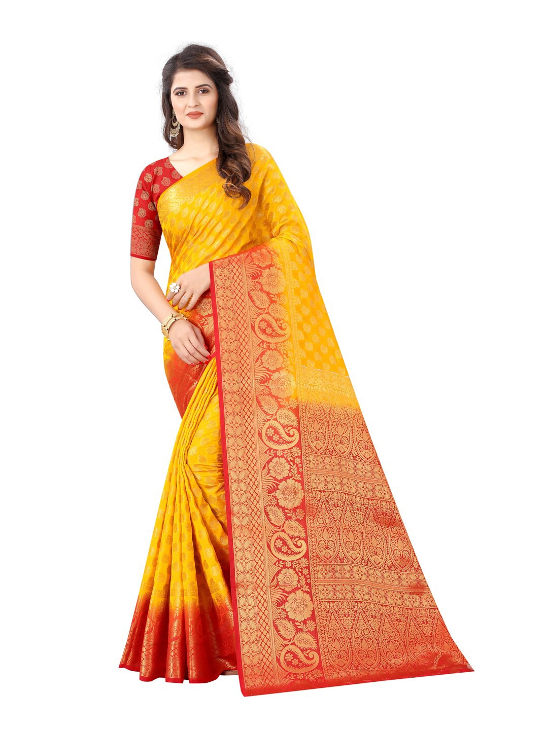 

SATYAM WEAVES Gold-Toned Ethnic Motifs Silk Cotton Banarasi Saree