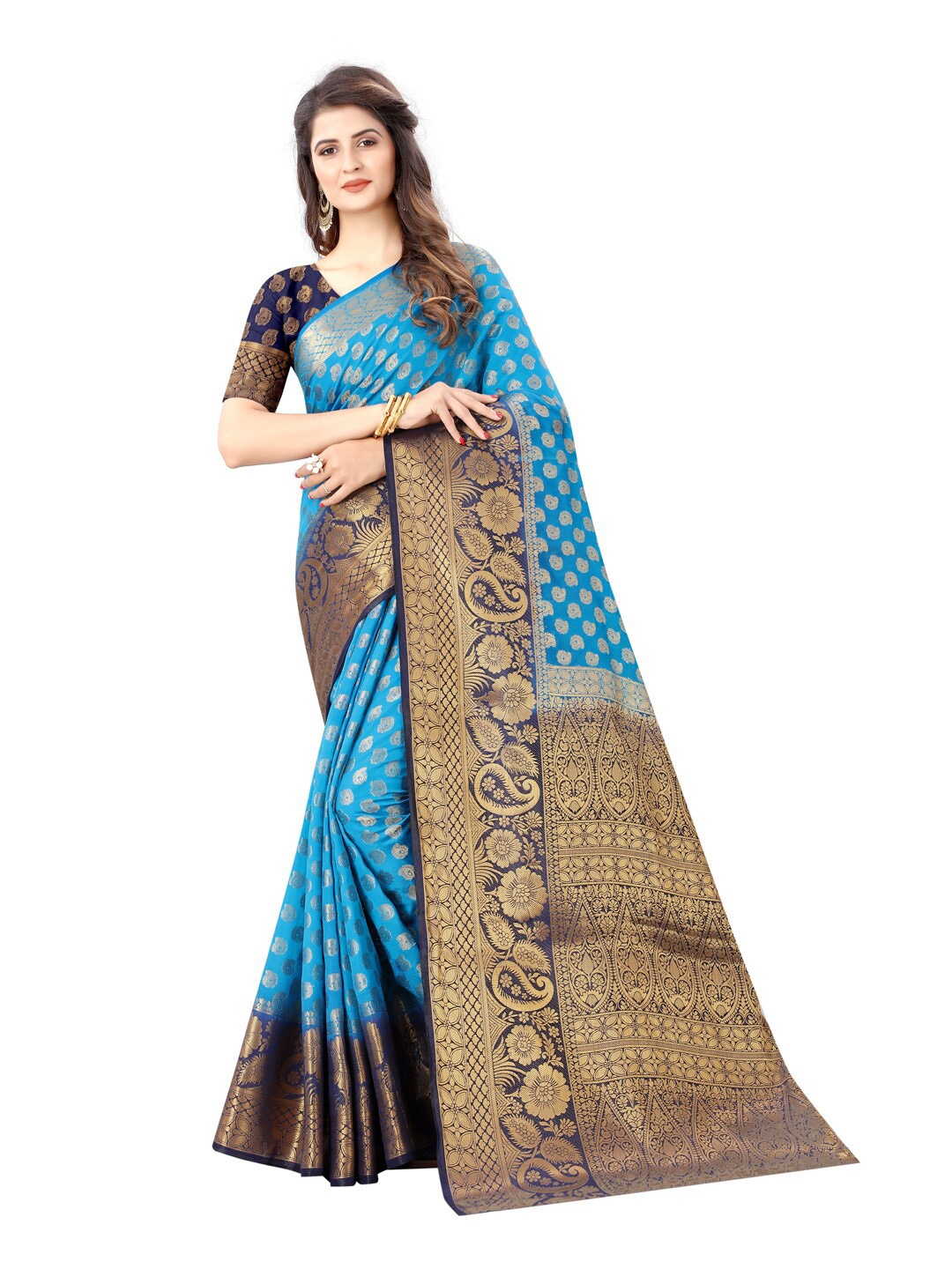 

SATYAM WEAVES Blue & Burgundy Woven Design Silk Cotton Banarasi Saree