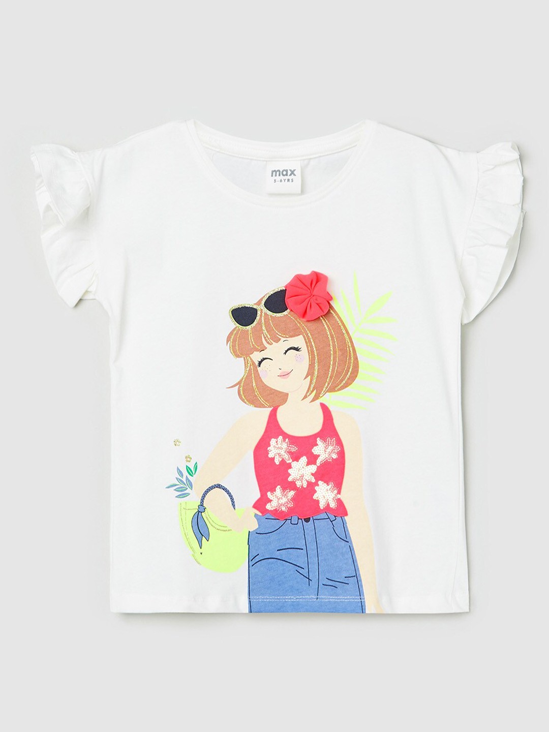 

max Girls White Printed Pure Cotton T-shirt