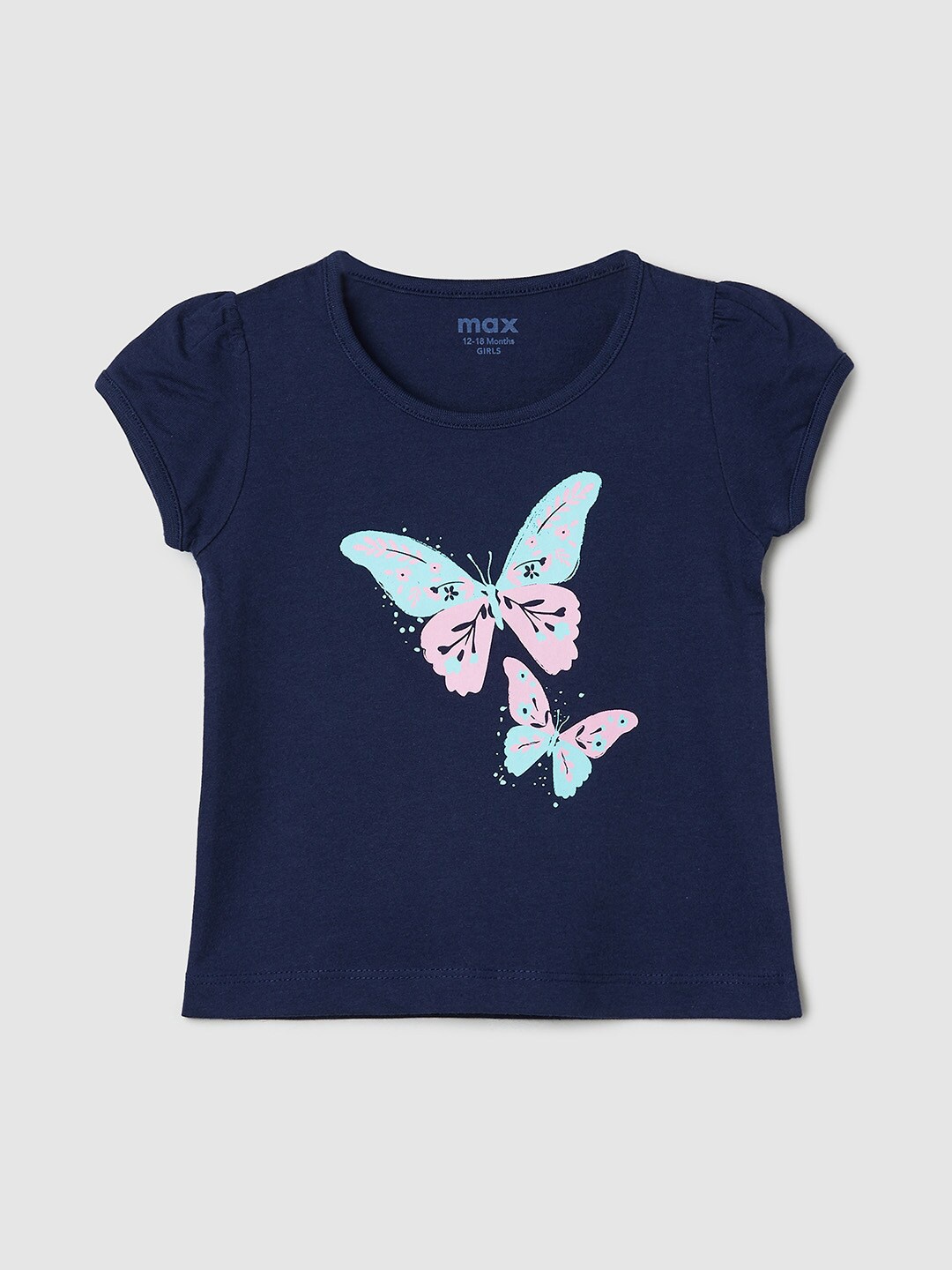 

max Girls Navy Blue Printed Puff Sleeves Pure Cotton T-shirt