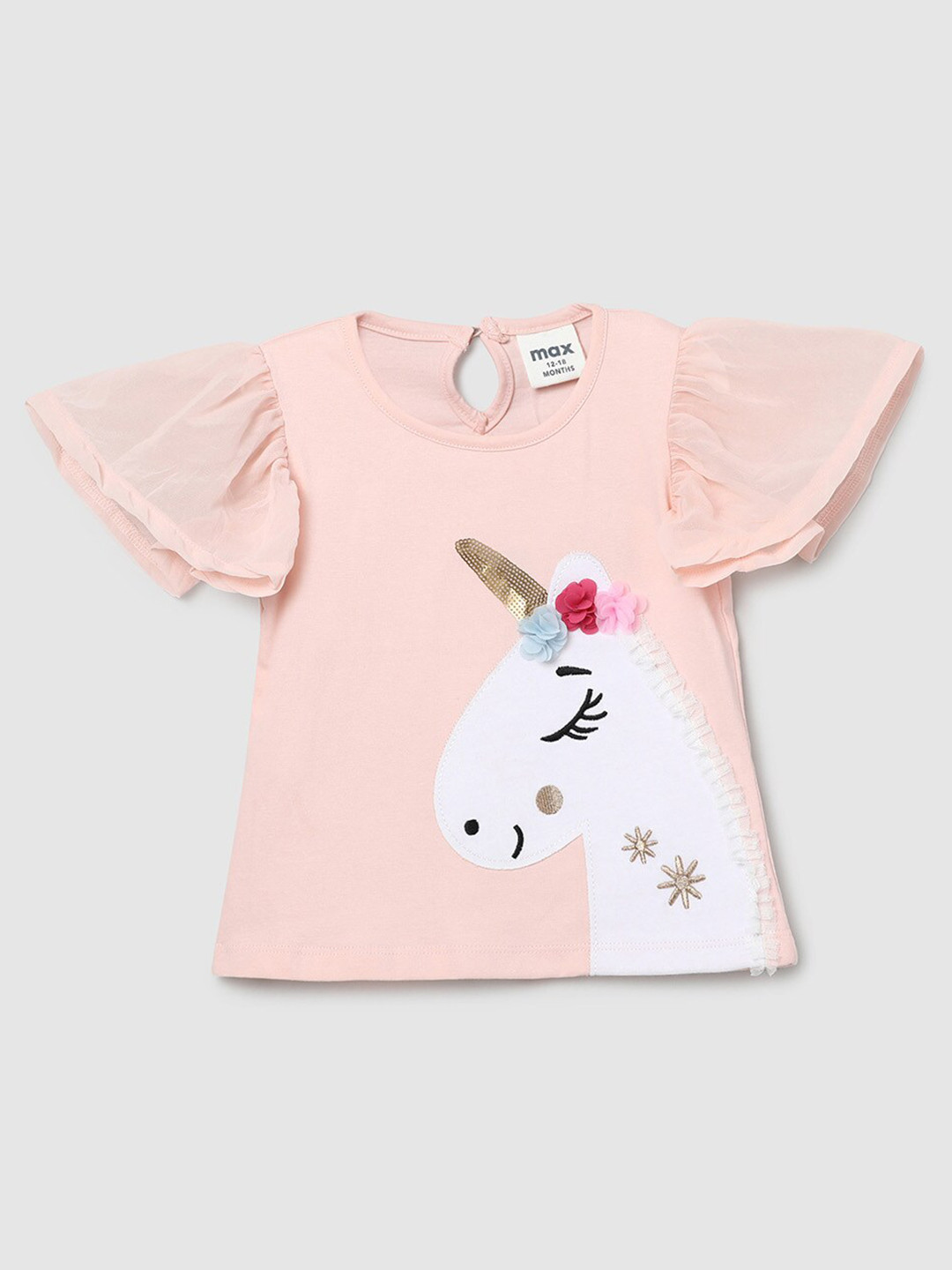 

max Girls Peach-Coloured Printed Pure Cotton Applique T-shirt