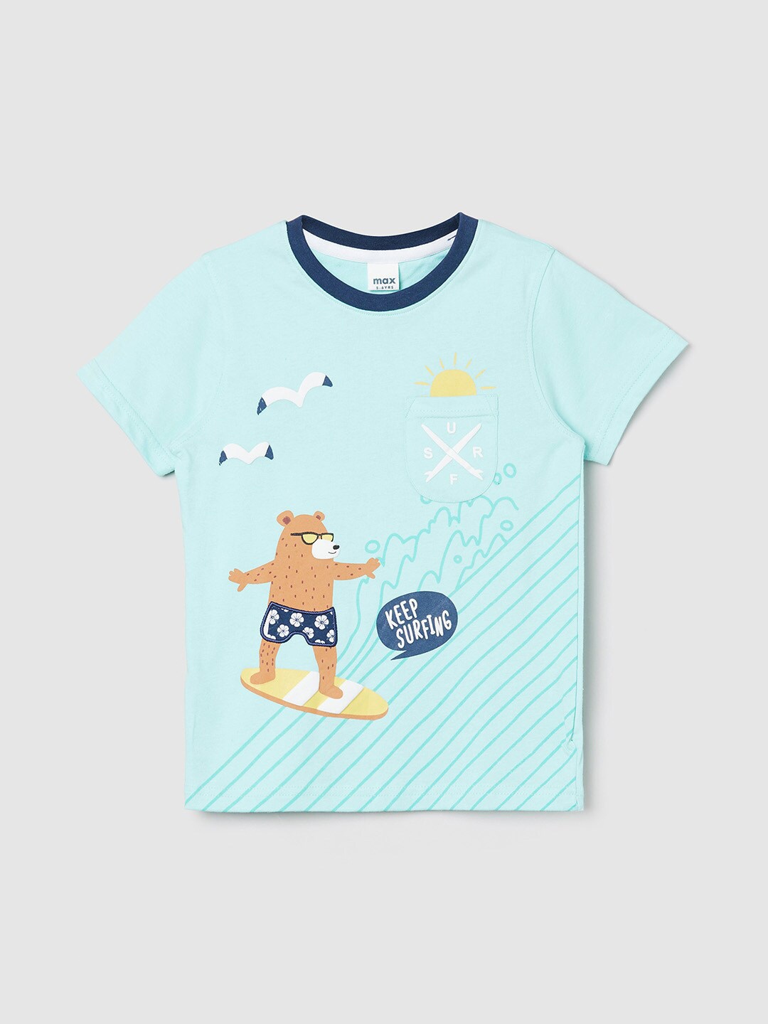 

max Boys Sea Green Printed Pure Cotton T-shirt