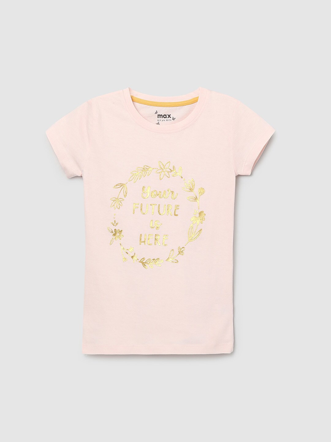 

max Girls Peach-Coloured Typography Printed Pure Cotton T-shirt