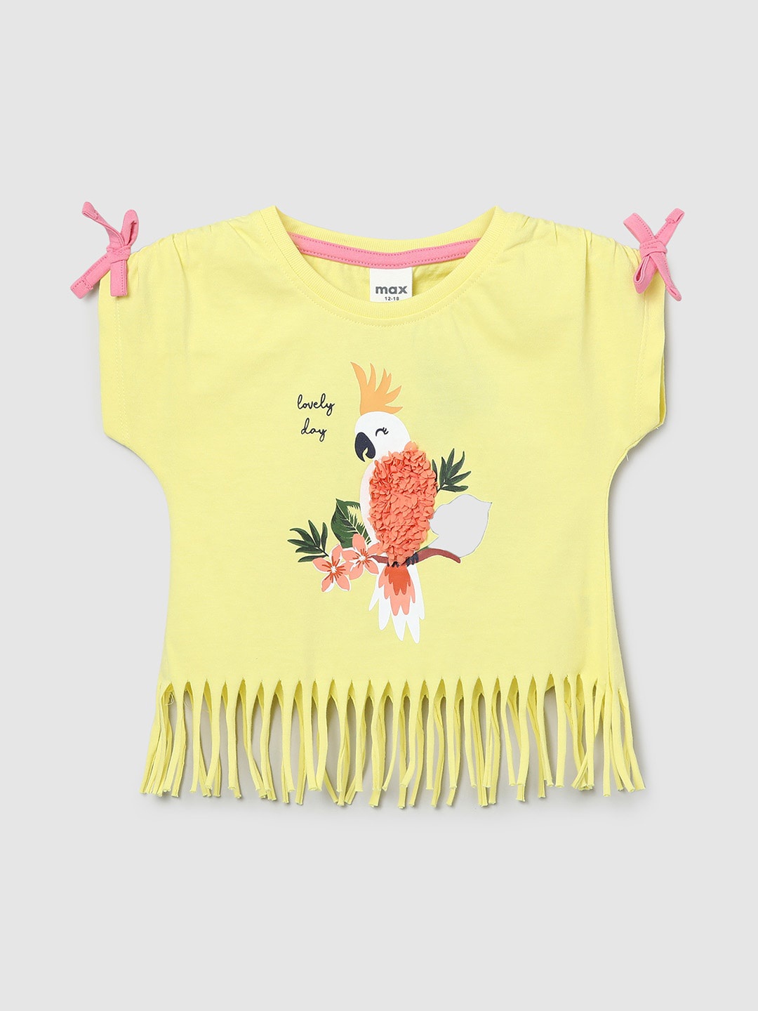 

max Girls Yellow Floral Printed Extended Sleeves Pure Cotton Applique T-shirt