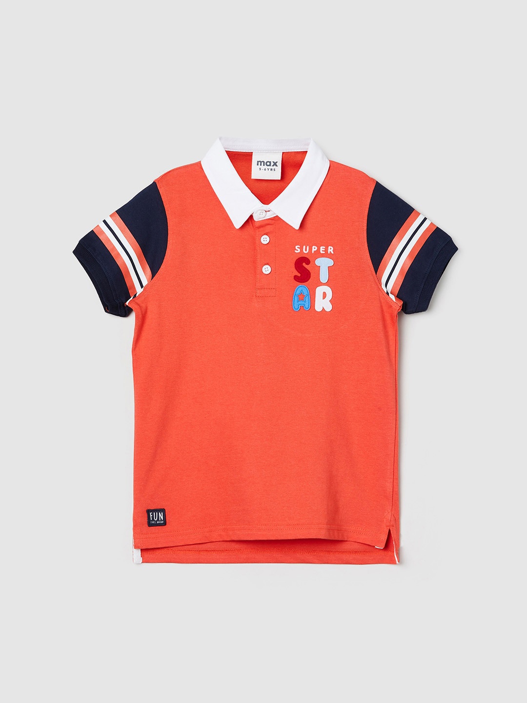 

max Boys Orange Typography Polo Collar Pure Cotton Applique T-shirt