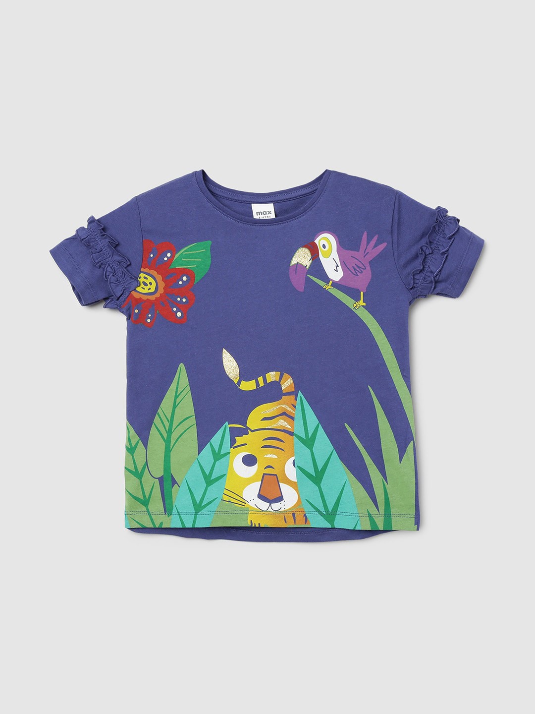 

max Girls Navy Blue Printed Pure Cotton T-shirt