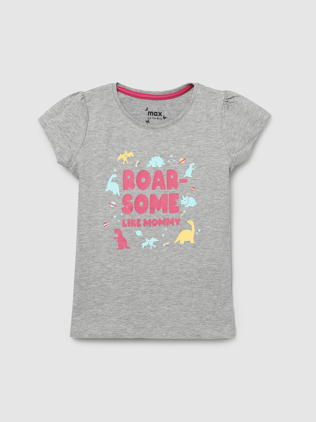 

max Girls Grey Typography Printed Puff Sleeves Pure Cotton Applique T-shirt