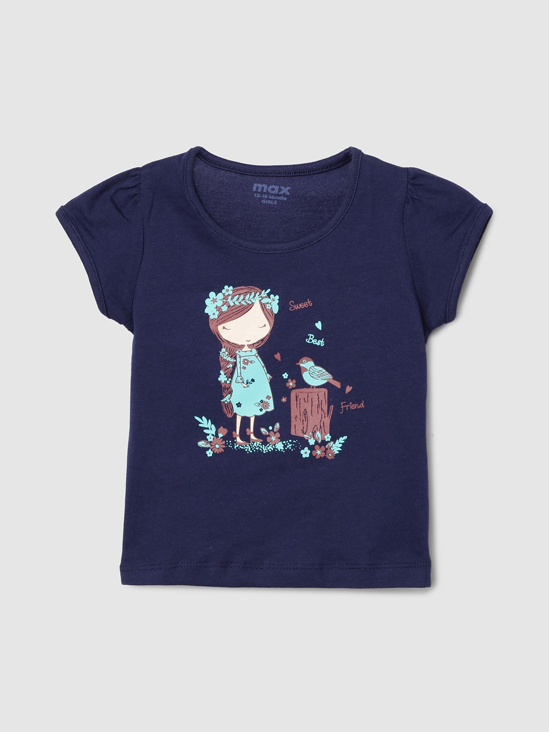 

max Girls Navy Blue Printed Puff Sleeves Pure Cotton T-shirt