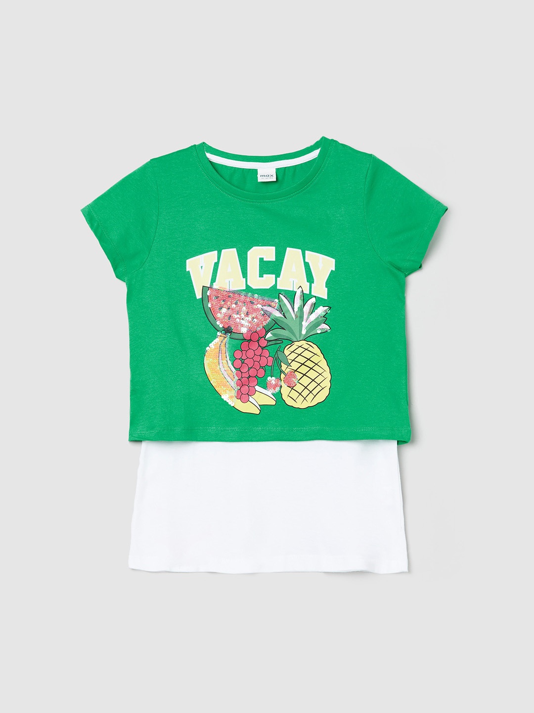 

max Girls Green & White Printed Pure Cotton Applique T-shirt