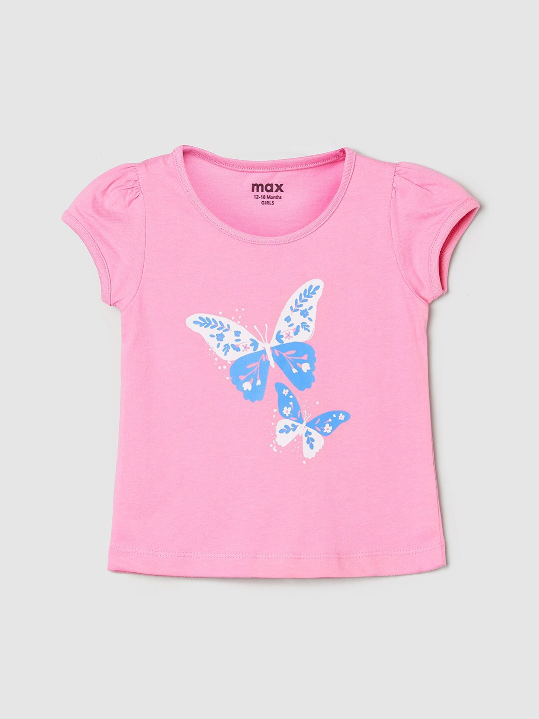 

max Girls Pink Printed Puff Sleeves Pure Cotton Raw Edge T-shirt