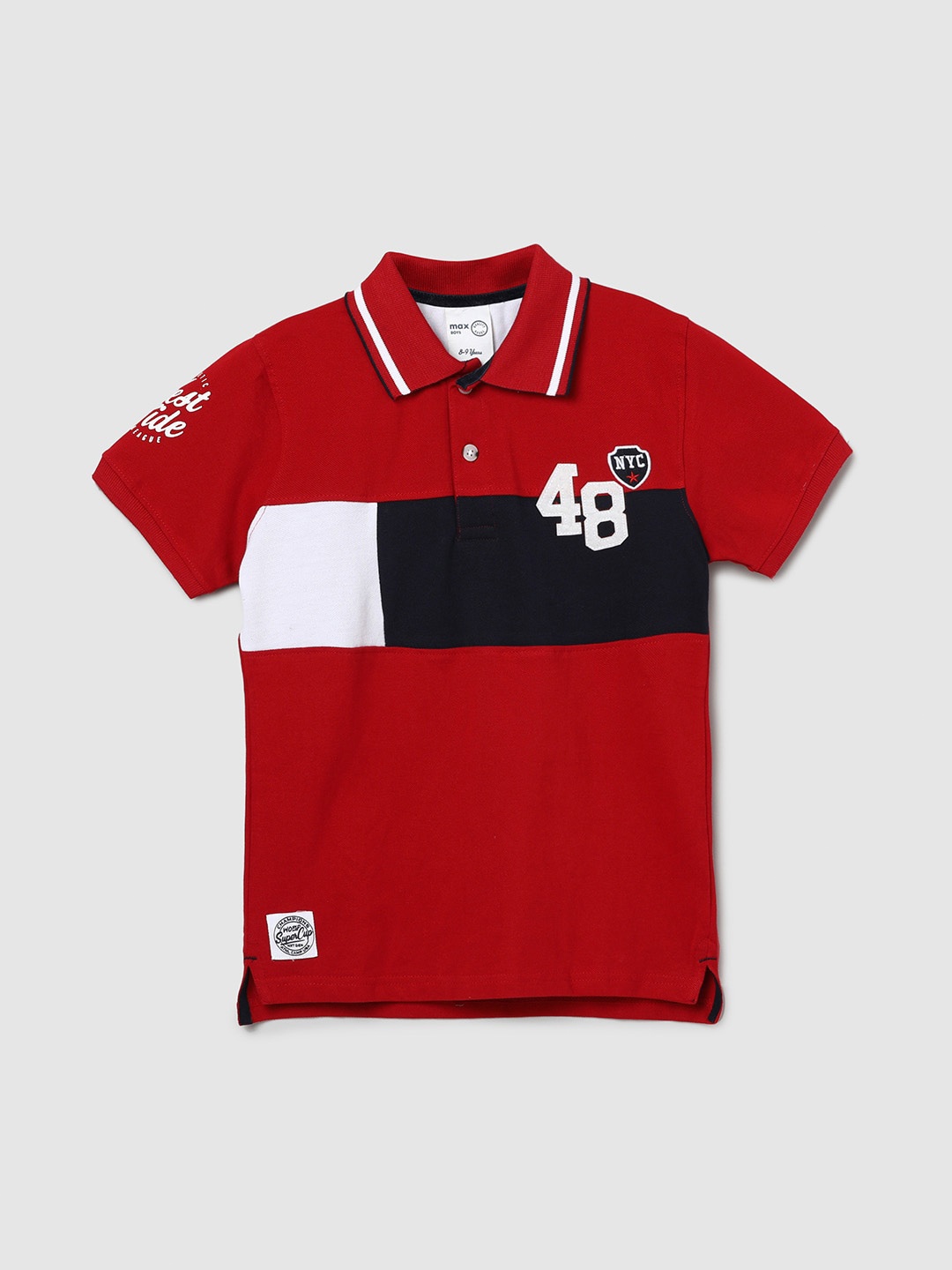 

max Boys Red Colourblocked Polo Collar Pure Cotton Applique T-shirt