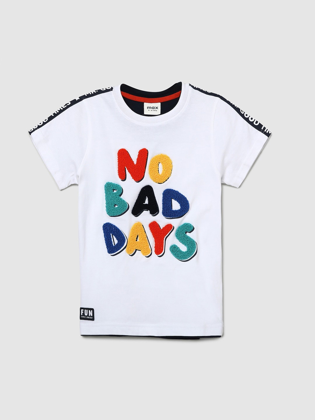 

max Boys White Typography Printed Pure Cotton Applique T-shirt