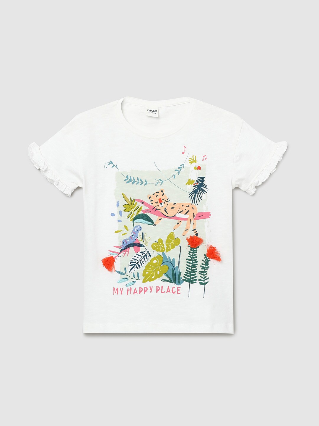 

max Girls White Printed Tropical Pure Cotton T-shirt