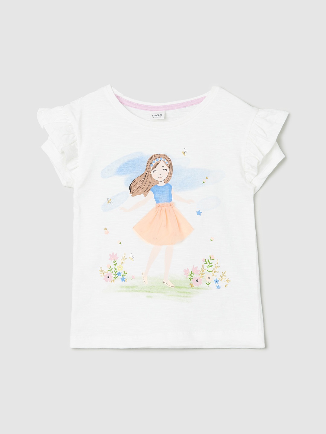 

max Girls White Printed Layered Sleeves Pure Cotton Applique T-shirt