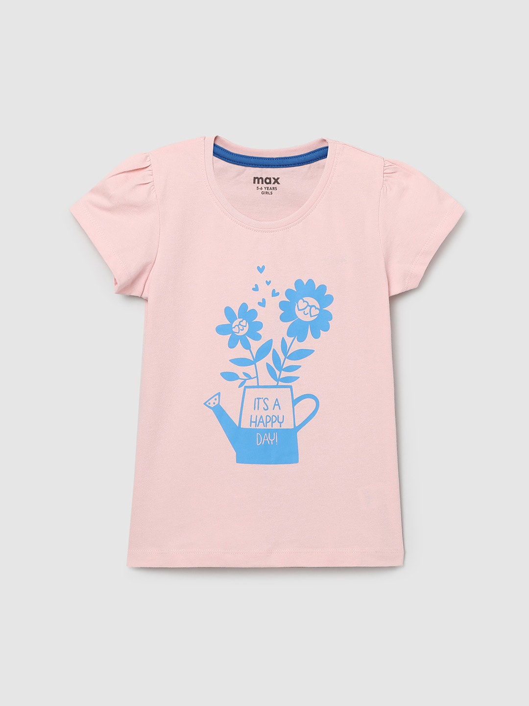 

max Girls Pink & Blue Floral Printed Puff Sleeves Pure Cotton T-shirt