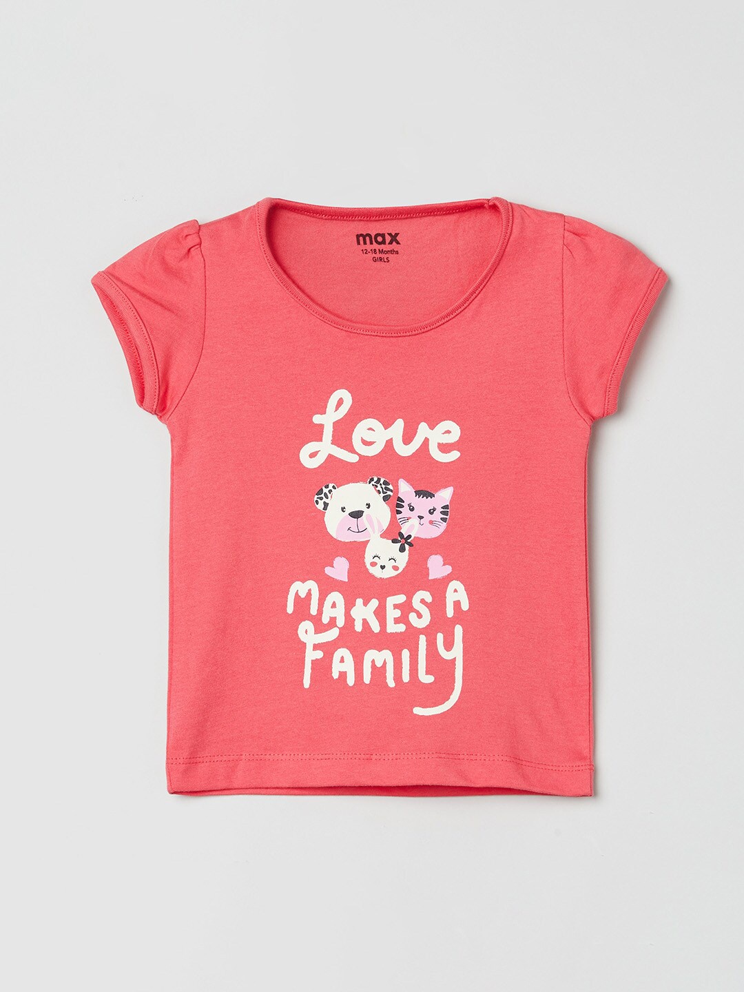 

max Girls Red Typography Printed Puff Sleeves Pure Cotton T-shirt