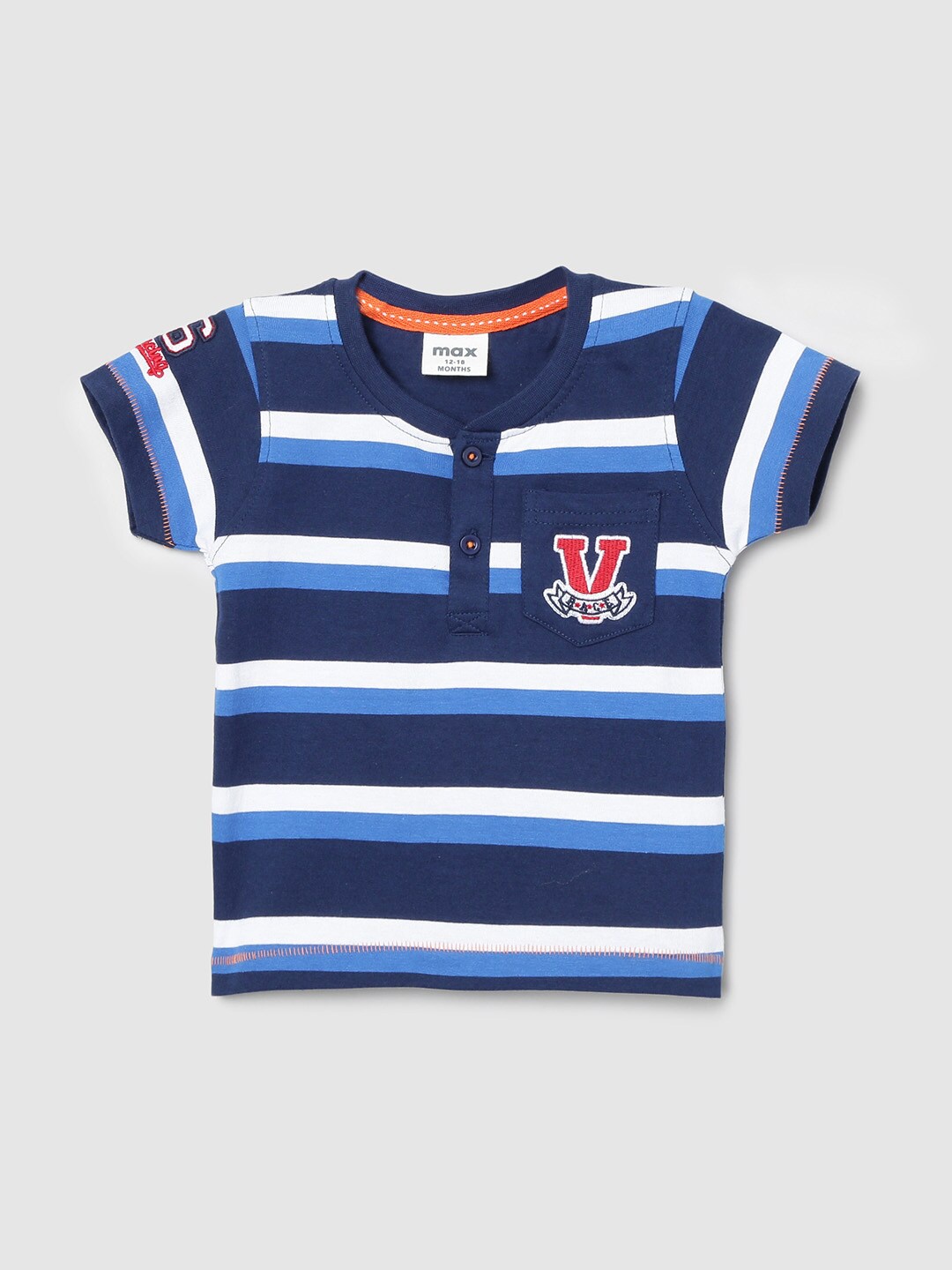 

max Boys Blue & White Striped Henley Neck Pure Cotton T-shirt