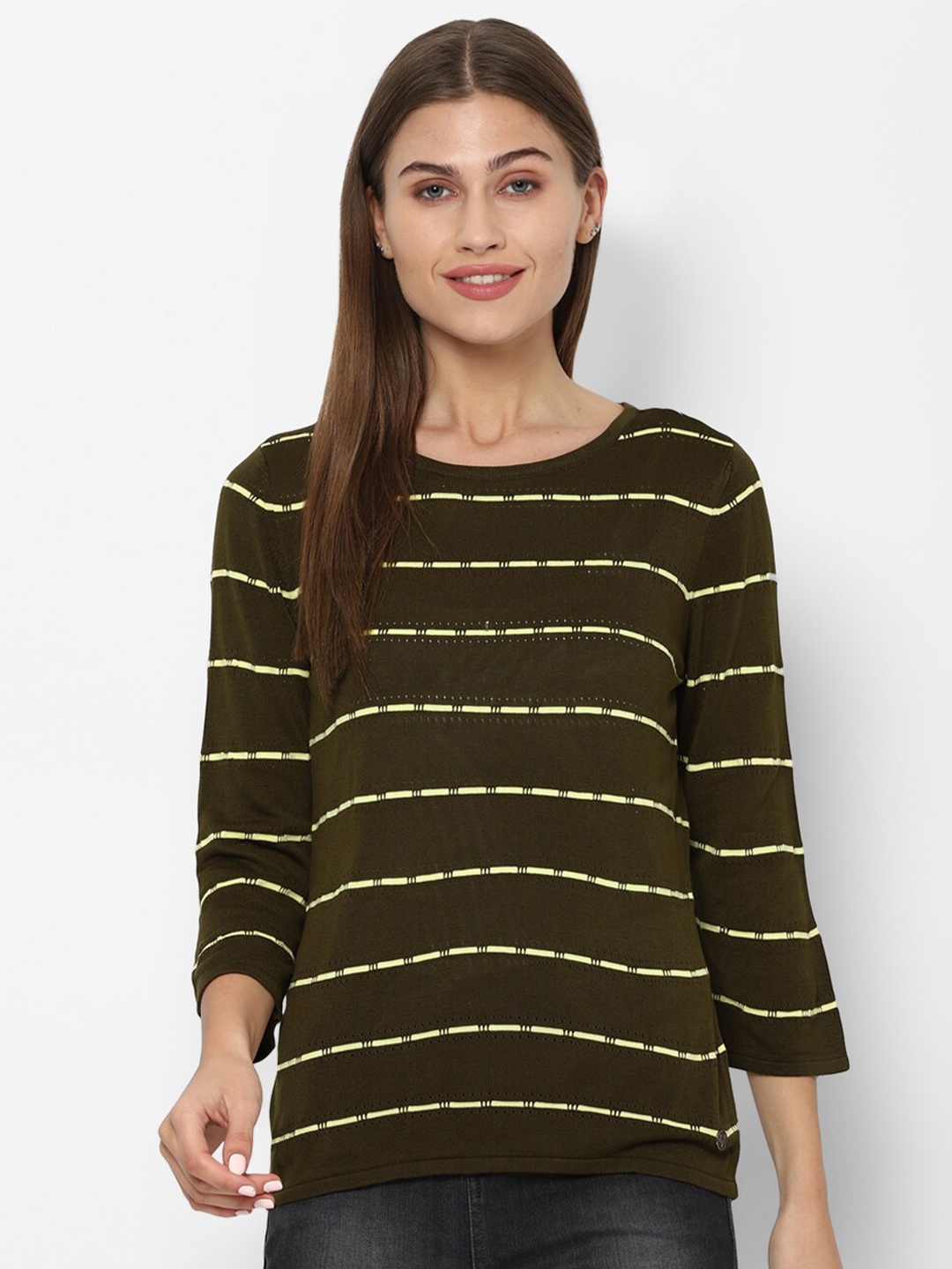 

Allen Solly Woman Olive Green Striped Regular Top