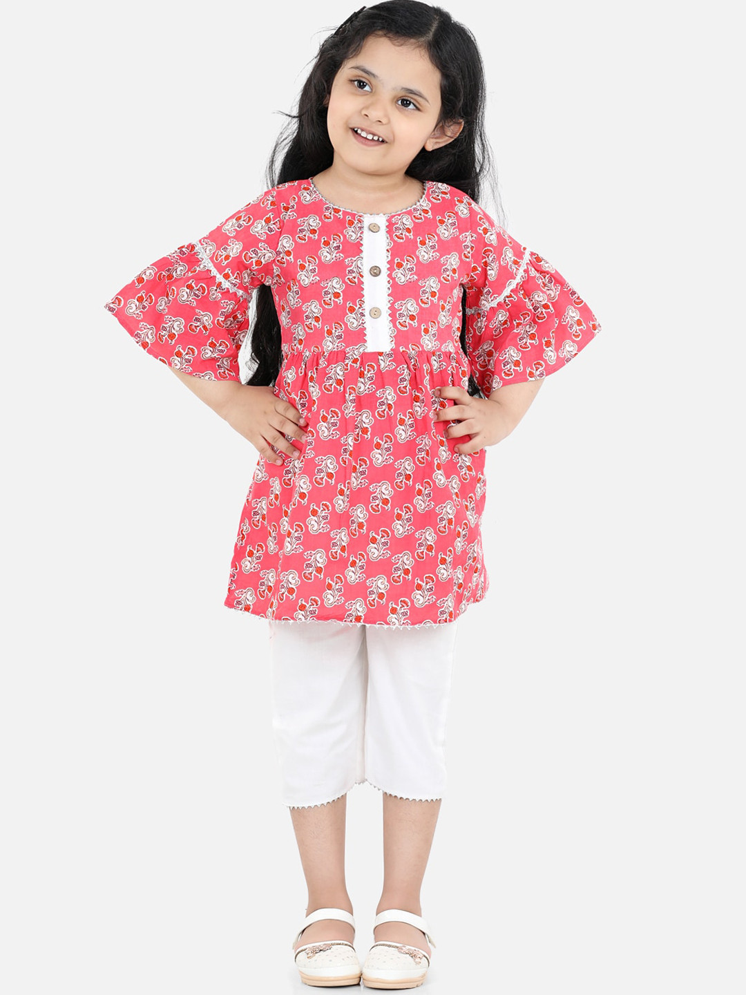 

AWW HUNNIE Girls Pink Floral Printed Pure Cotton Kurti with Pyjamas