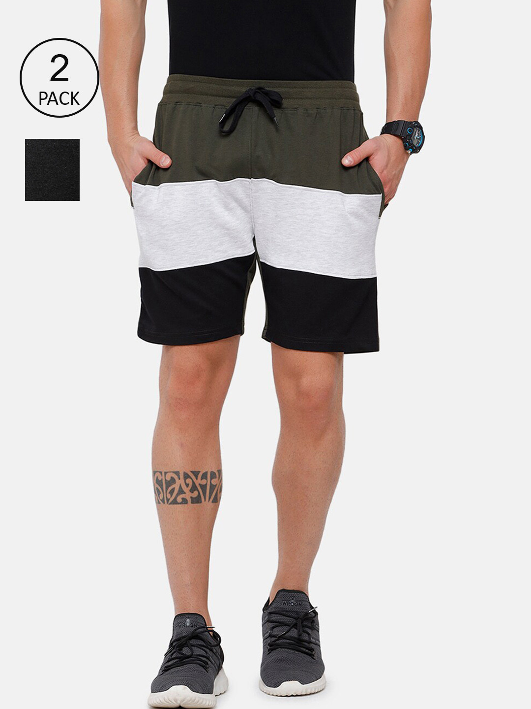 

MADSTO Men Black and Multicoloured Colourblocked Pack of 2 Shorts